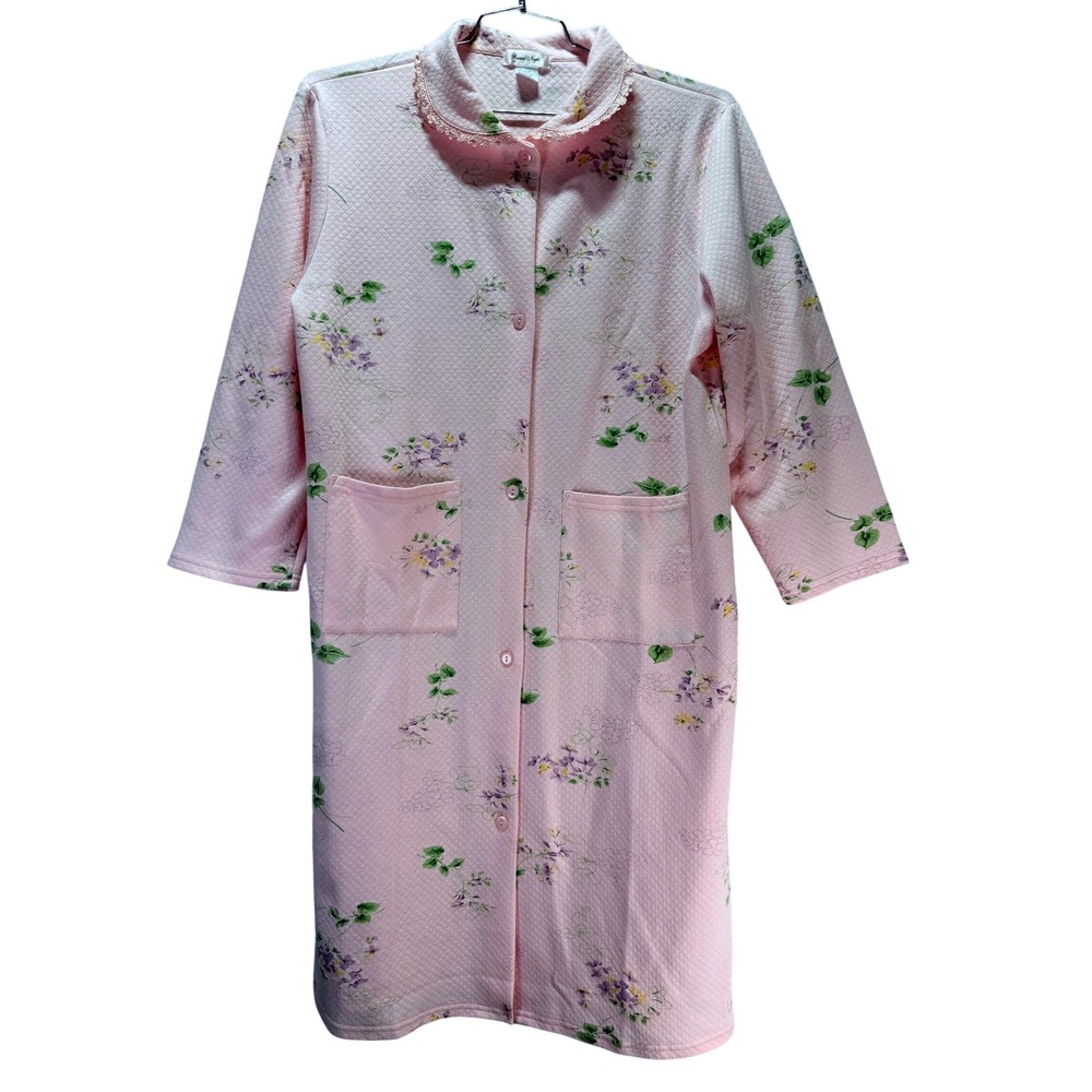 Casual Night Robe Womens M Pink Floral Housecoat Pockets Lounge Duster Button - Picture 1 of 7